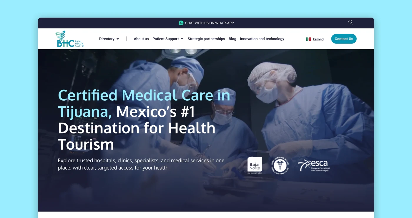 Baja Health Cluster bilingual medical directory website with healthcare provider listings and patient resources.
