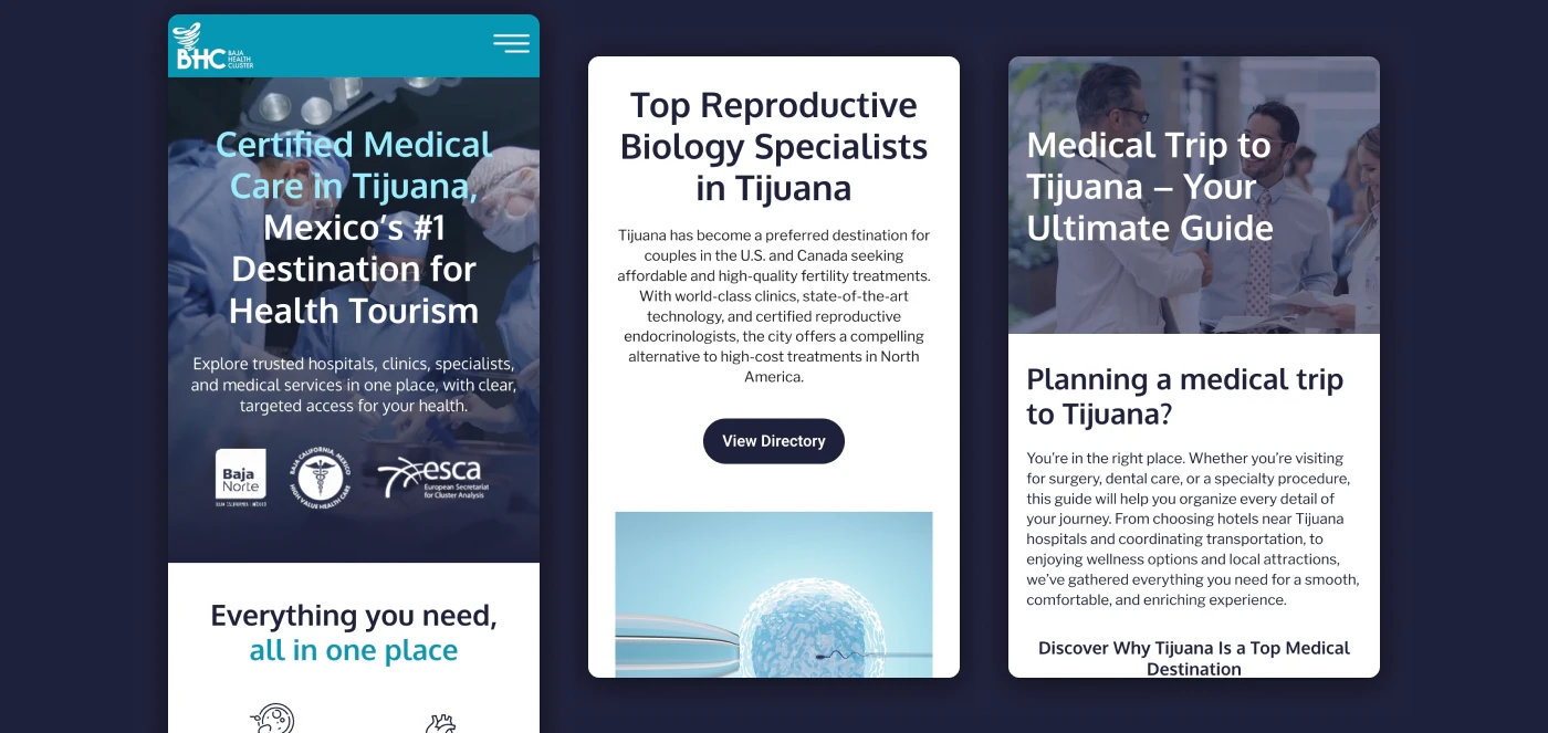 Baja Health Cluster bilingual medical directory website with healthcare provider listings and patient resources.