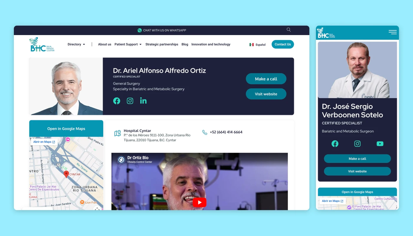 Baja Health Cluster bilingual medical directory website with healthcare provider listings and patient resources.