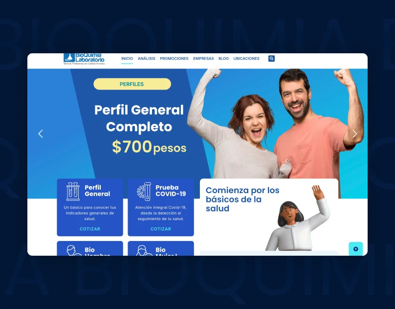 Bioquimia laboratory website showcasing medical testing services and healthcare information.