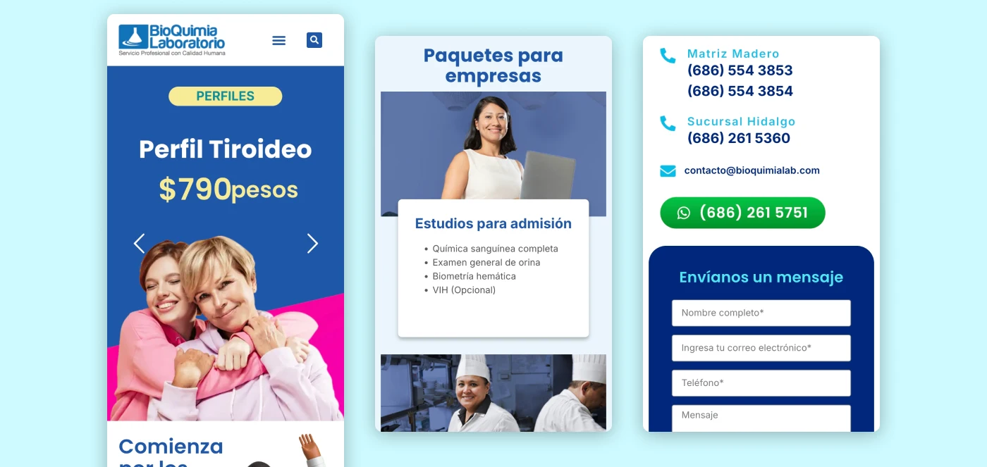 Bioquimia laboratory website showcasing medical testing services and healthcare information.