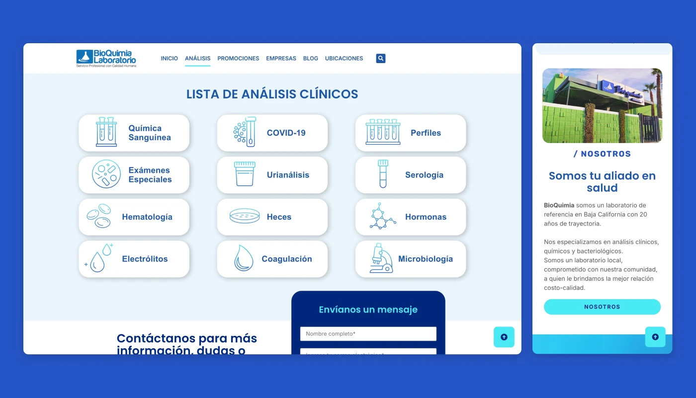 Bioquimia laboratory website showcasing medical testing services and healthcare information.