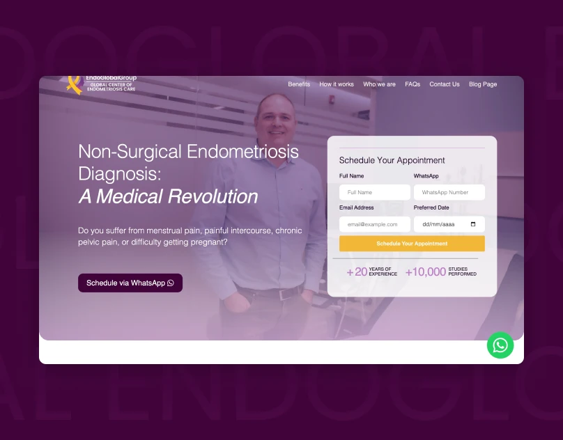 Endoglobal bilingual landing page designed for endometriosis lead generation and SEO visibility.