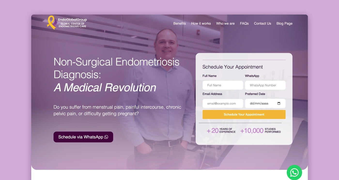 Endoglobal bilingual landing page designed for endometriosis lead generation and SEO visibility.