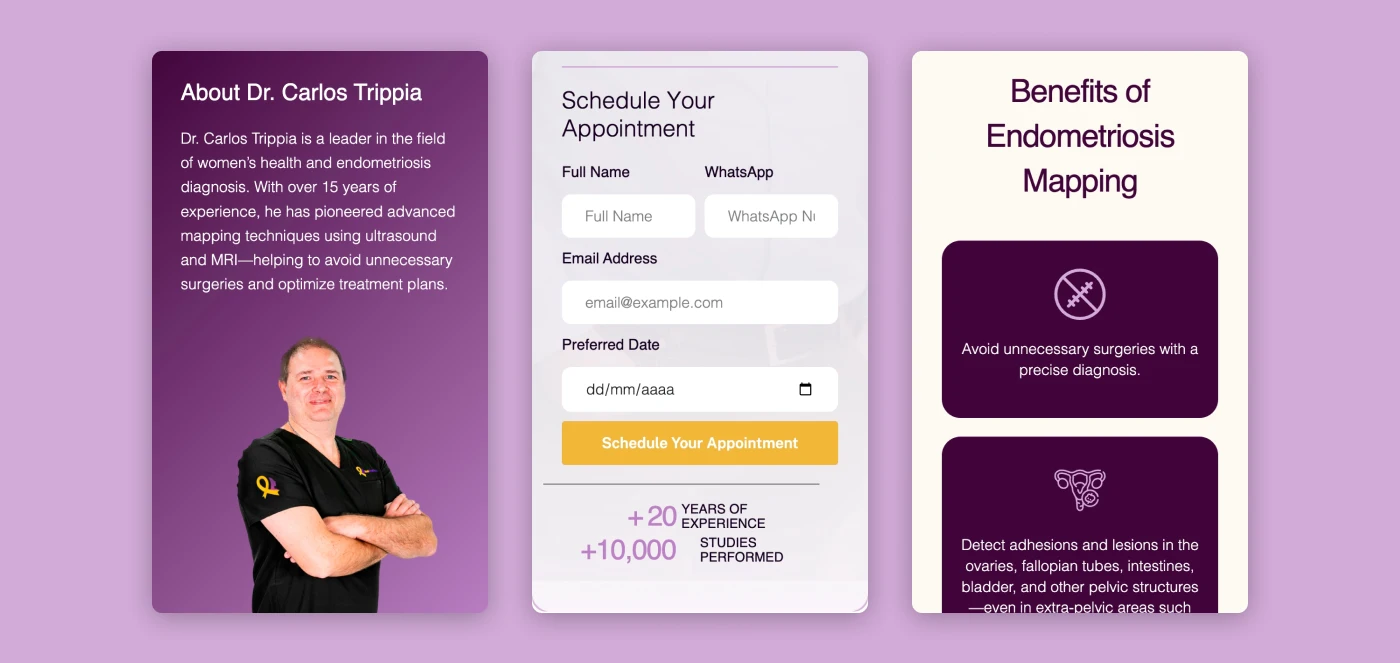 Endoglobal bilingual landing page designed for endometriosis lead generation and SEO visibility.