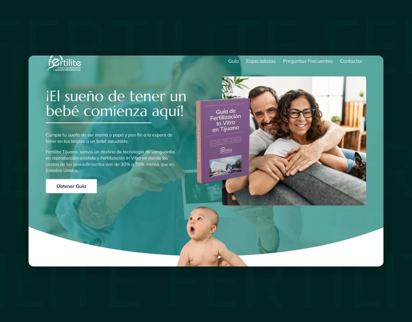 Fertilite bilingual fertility landing page with patient testimonials, downloadable guide, and lead generation forms.