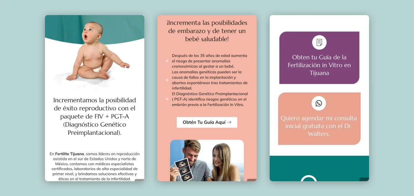 Fertilite bilingual fertility landing page with patient testimonials, downloadable guide, and lead generation forms.