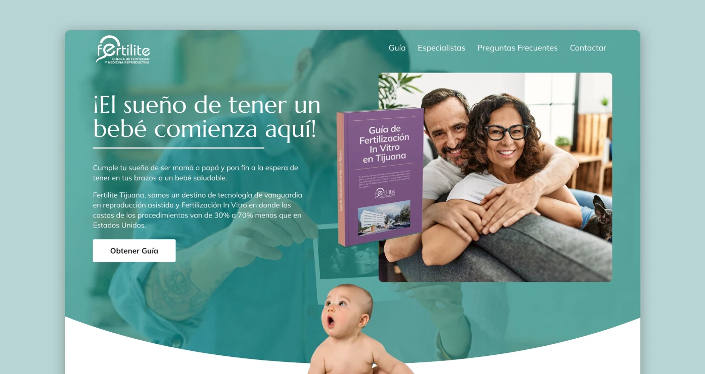 Fertilite bilingual fertility landing page with patient testimonials, downloadable guide, and lead generation forms.
