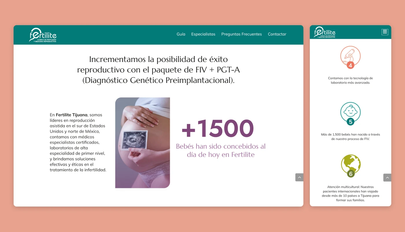 Fertilite bilingual fertility landing page with patient testimonials, downloadable guide, and lead generation forms.