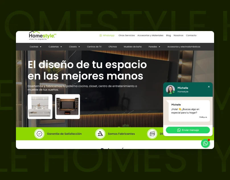 Homestyle furniture portfolio website featuring kitchens, closets, and custom furniture projects.
