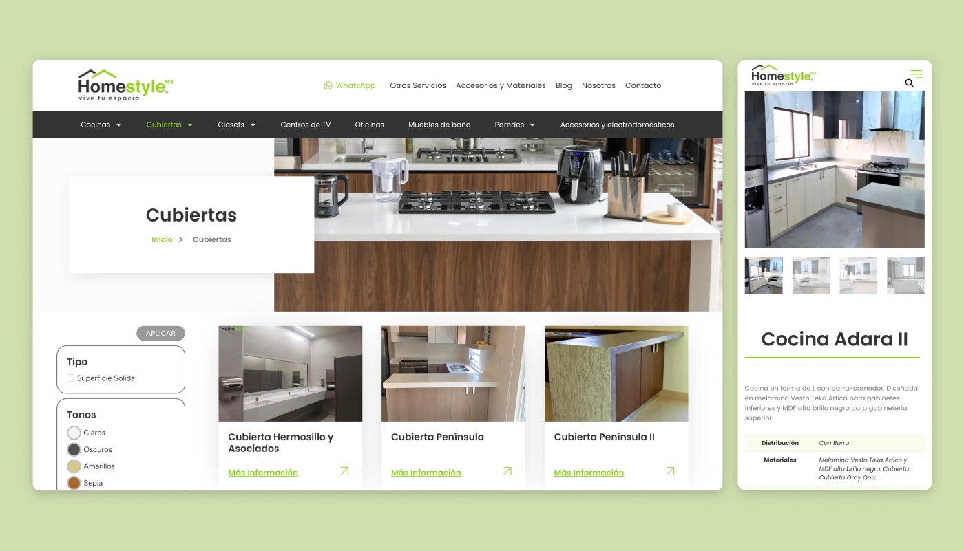 Homestyle furniture portfolio website featuring kitchens, closets, and custom furniture projects.
